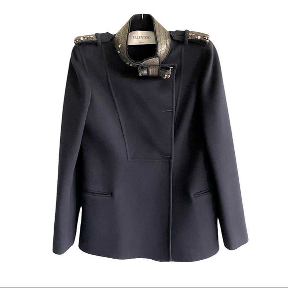 VALENTINO Wool Cashmere Embellished Soldier Asymmetrical Blazer Jacket Navy 14 - Picture 2 of 16
